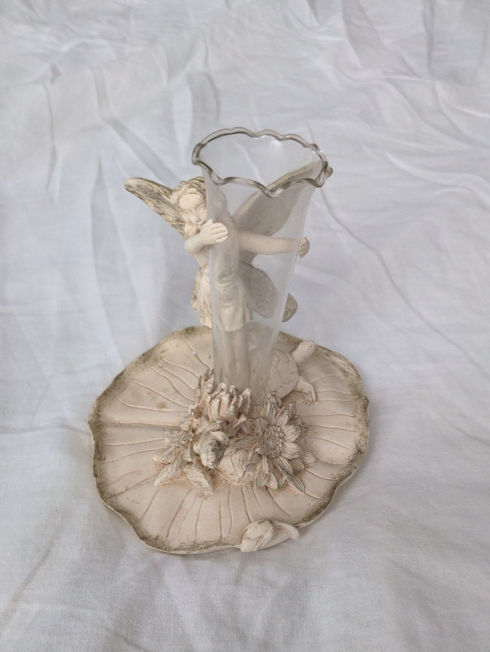 Vintage Fairy & Turtle Resin Tabletop Statue Sculpture With Glass Bud Vase